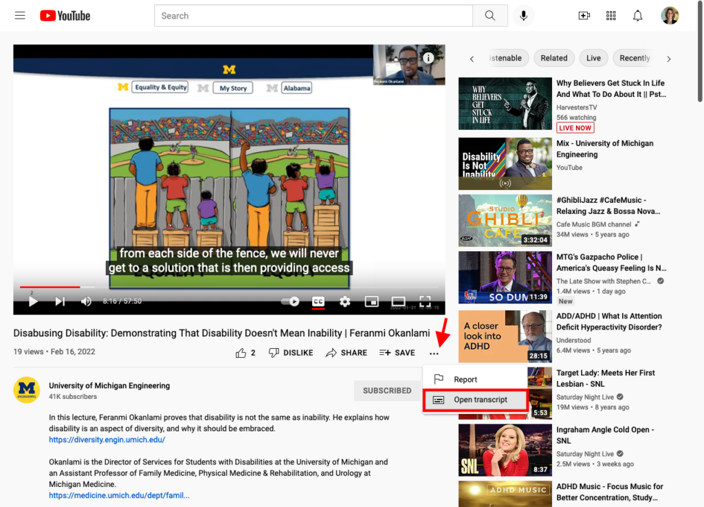 YouTube screenshot showing location of the "open transcript" control